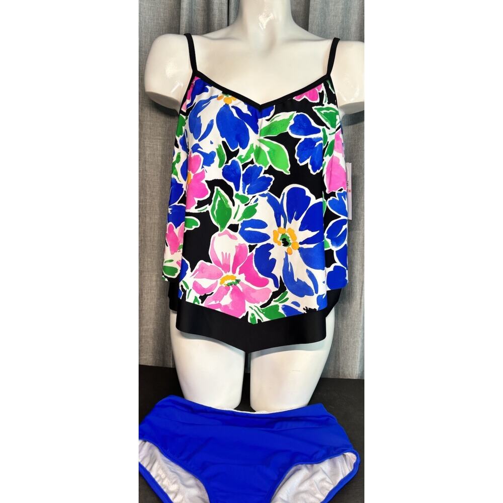 Maxine Of Hollywood NWT Tankini Swimsuit Top And Blue Bottoms Size 10